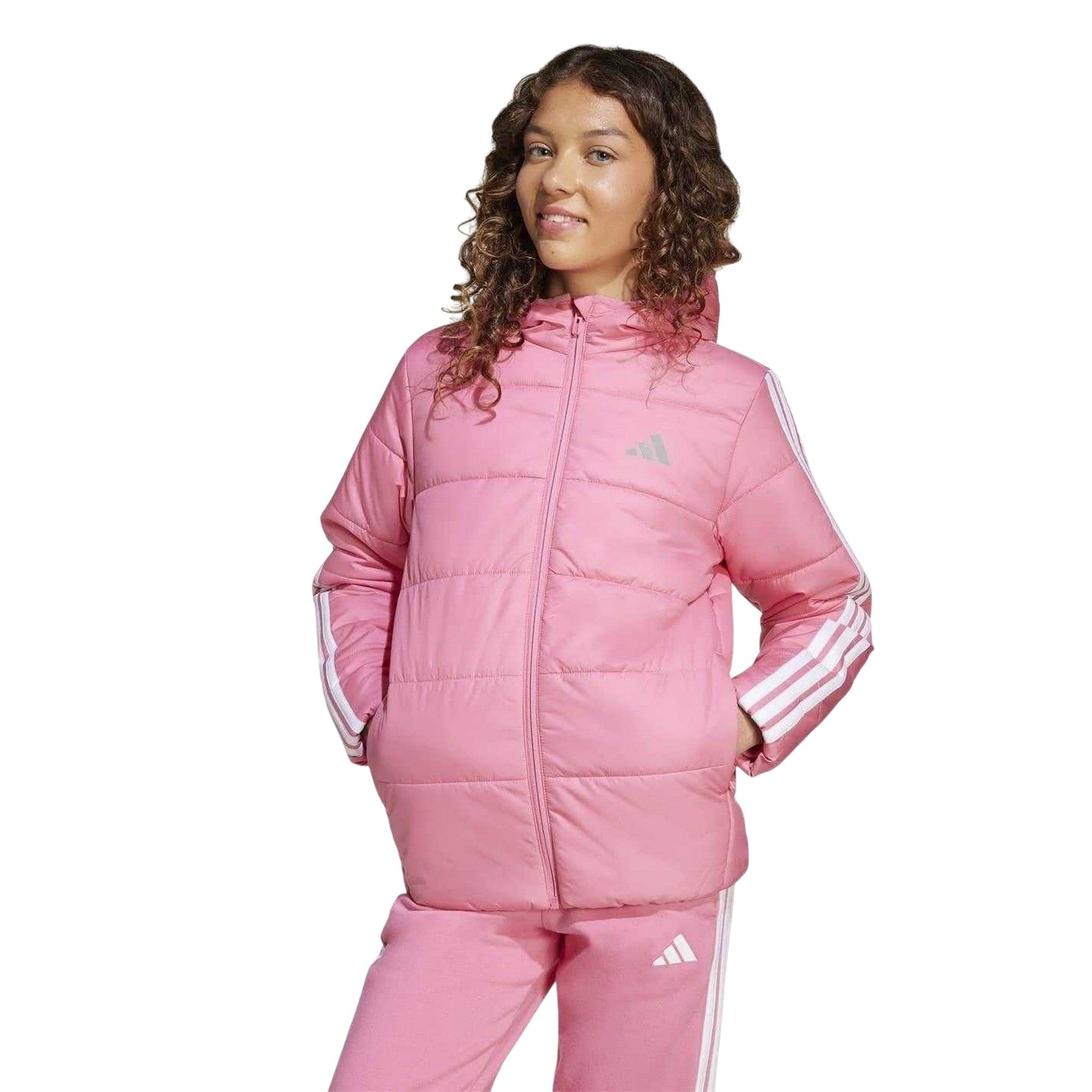 Pink-White - Side - Adidas Childrens-Kids Essentials 3 Stripes Hooded Jacket