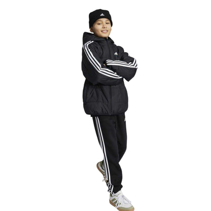 Black-White - Side - Adidas Childrens-Kids Essentials 3 Stripes Hooded Jacket