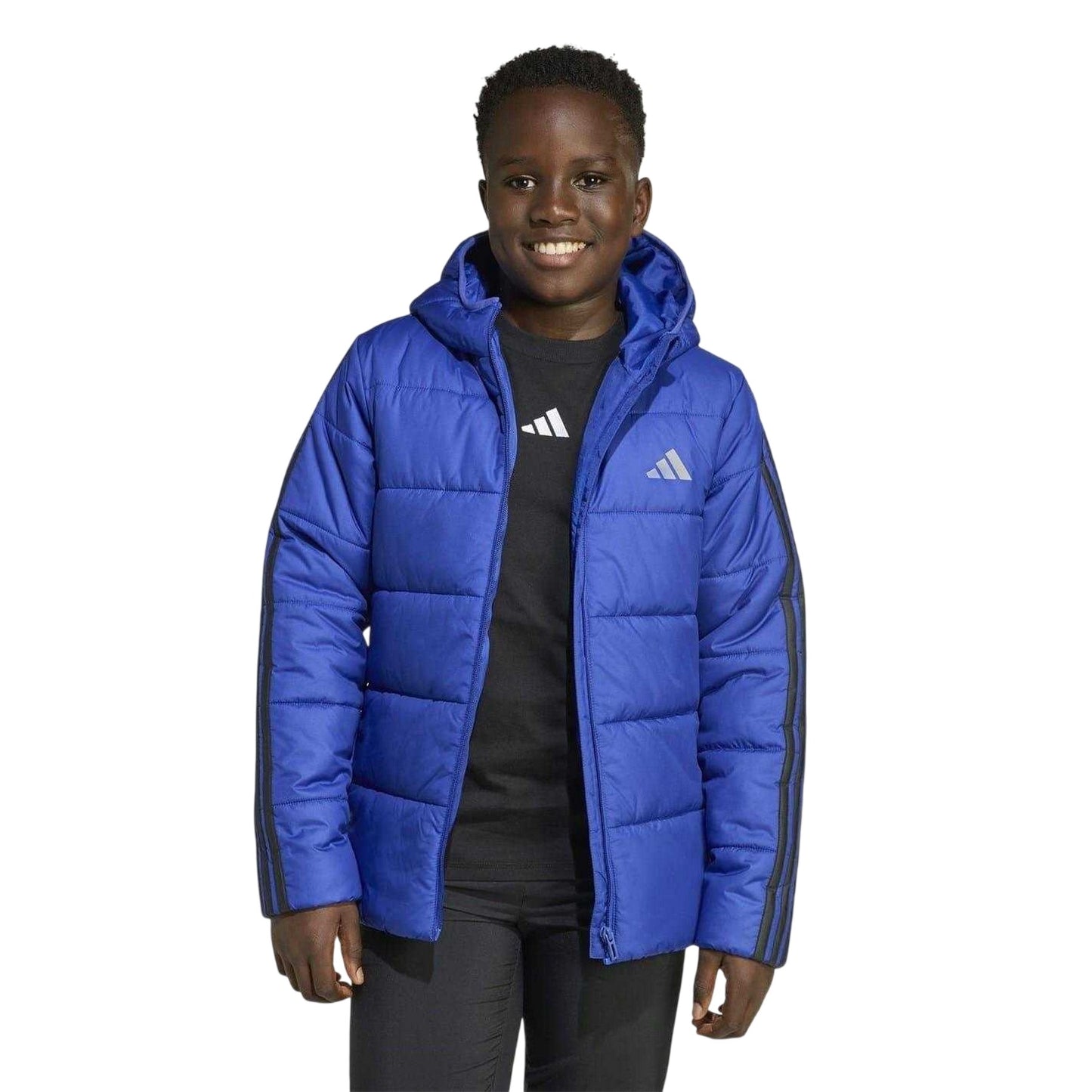 Blue-Black - Side - Adidas Childrens-Kids Essentials 3 Stripes Hooded Jacket