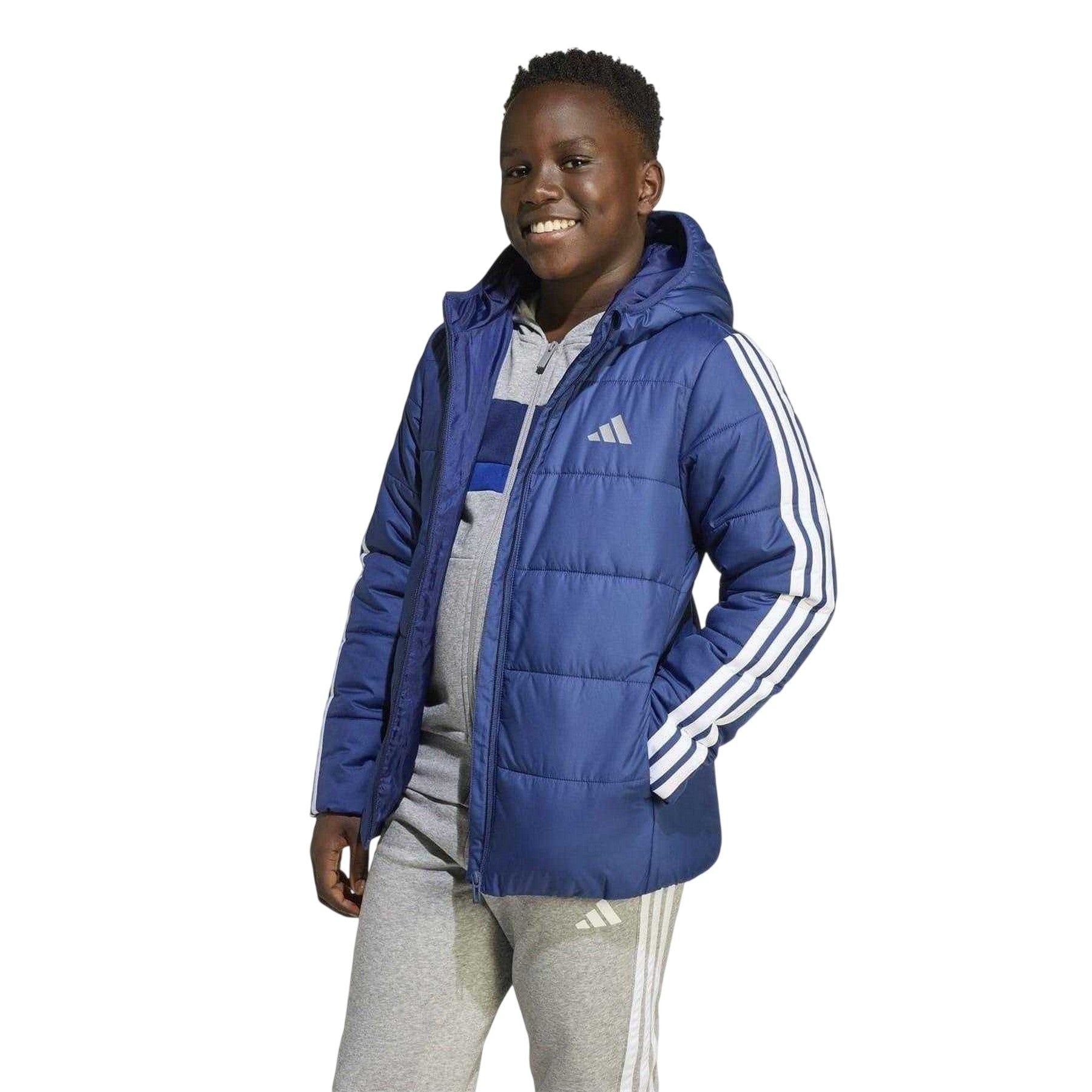 Dark Blue - Side - Adidas Childrens-Kids Essentials 3 Stripes Hooded Jacket