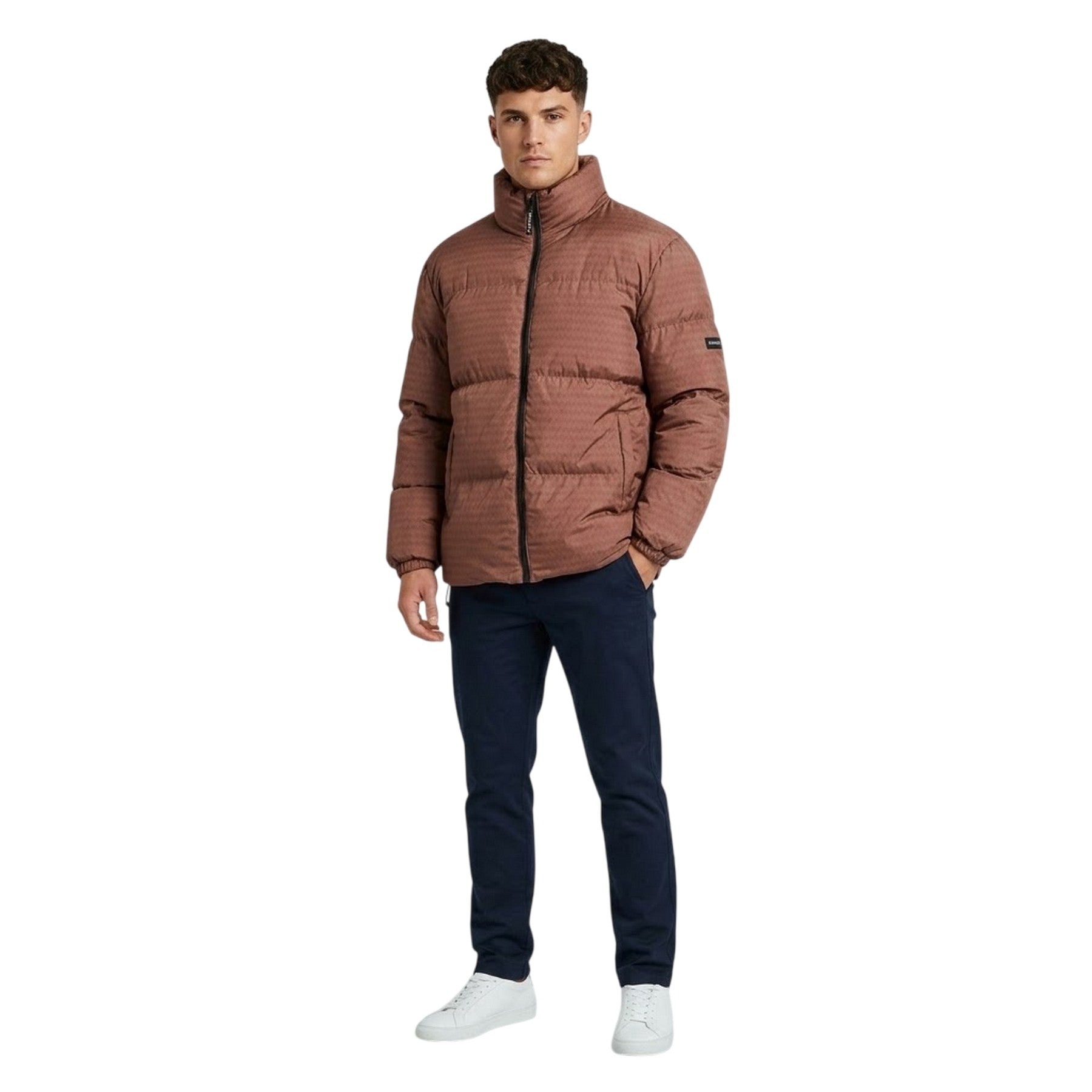 Brown - Side - NY Concept Mens Textured Zip Pocket Puffer Jacket