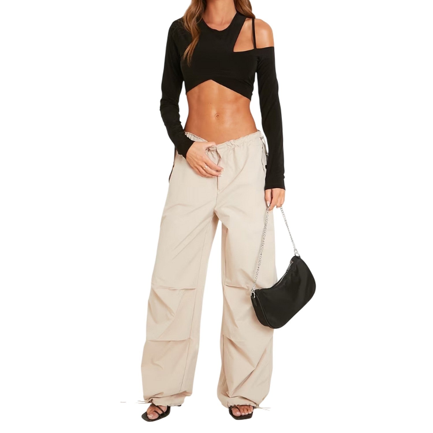 Beige - Back - Missy Empire Womens-Ladies Baggy Cargo Trousers