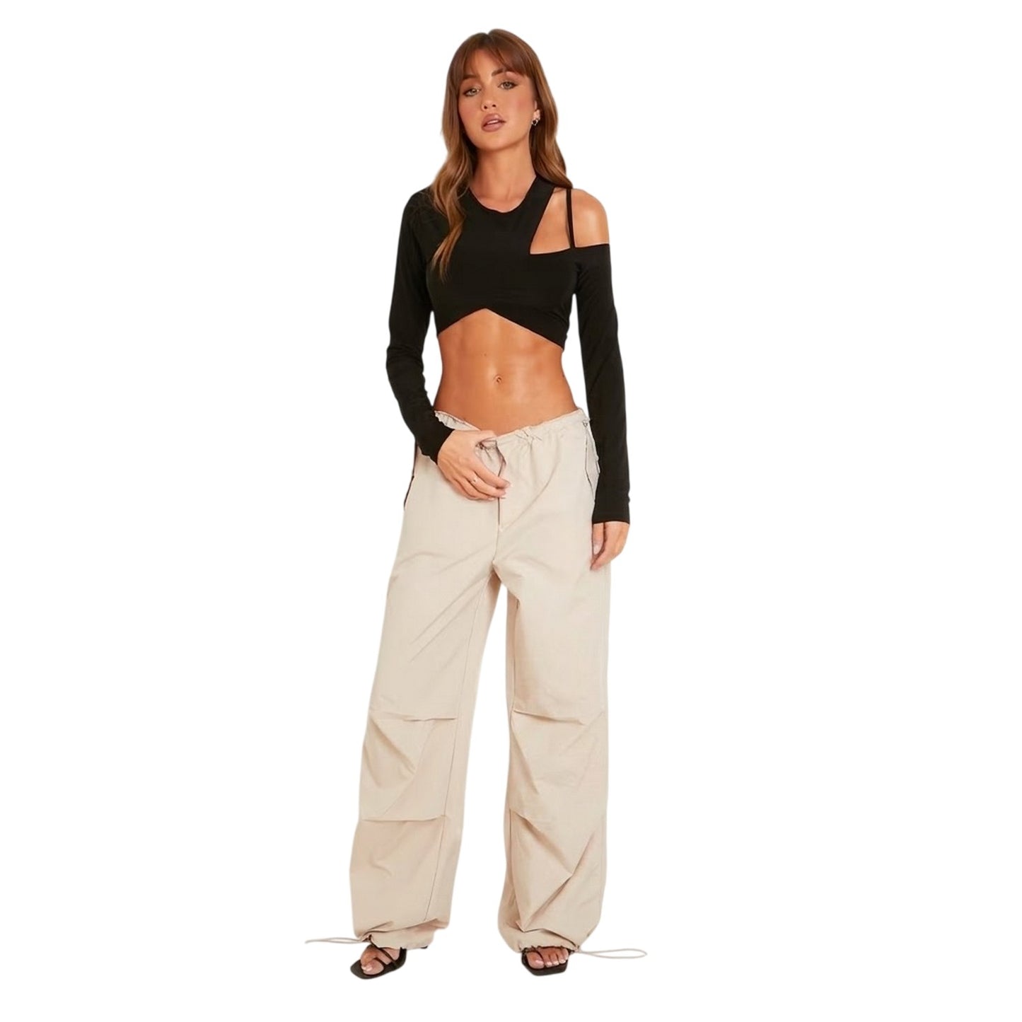 Beige - Front - Missy Empire Womens-Ladies Baggy Cargo Trousers