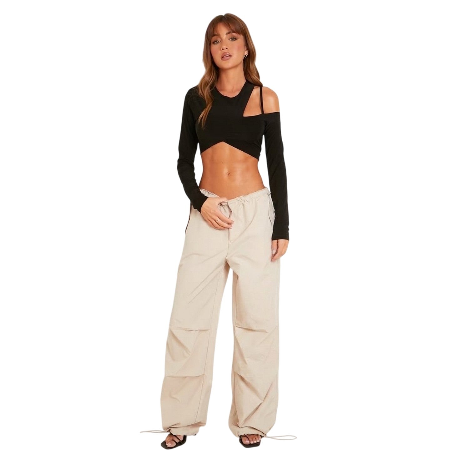 Beige - Front - Missy Empire Womens-Ladies Baggy Cargo Trousers