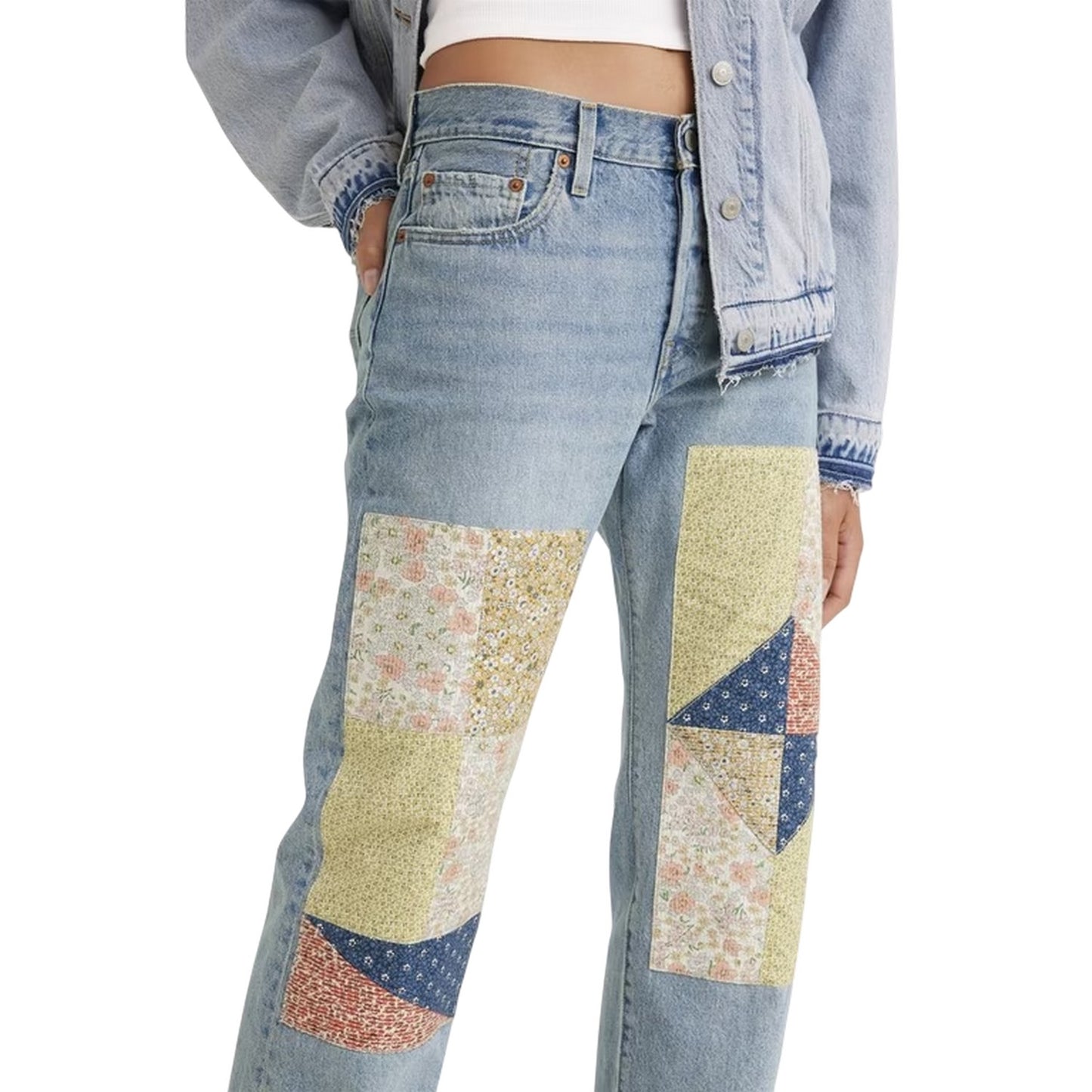 Road Trippin - Side - Levis Womens-Ladies 501 90s Denim Patchwork Mid Rise Jeans