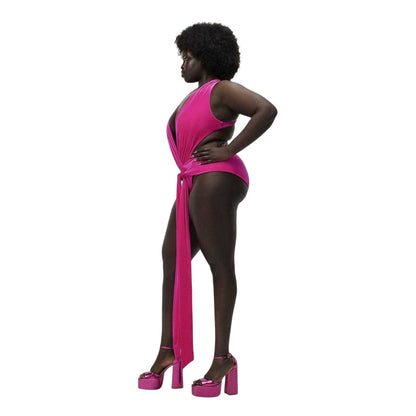 Pink - Side - Adidas Womens-Ladies Originals Ivy Park Front Tie One Piece Swimsuit