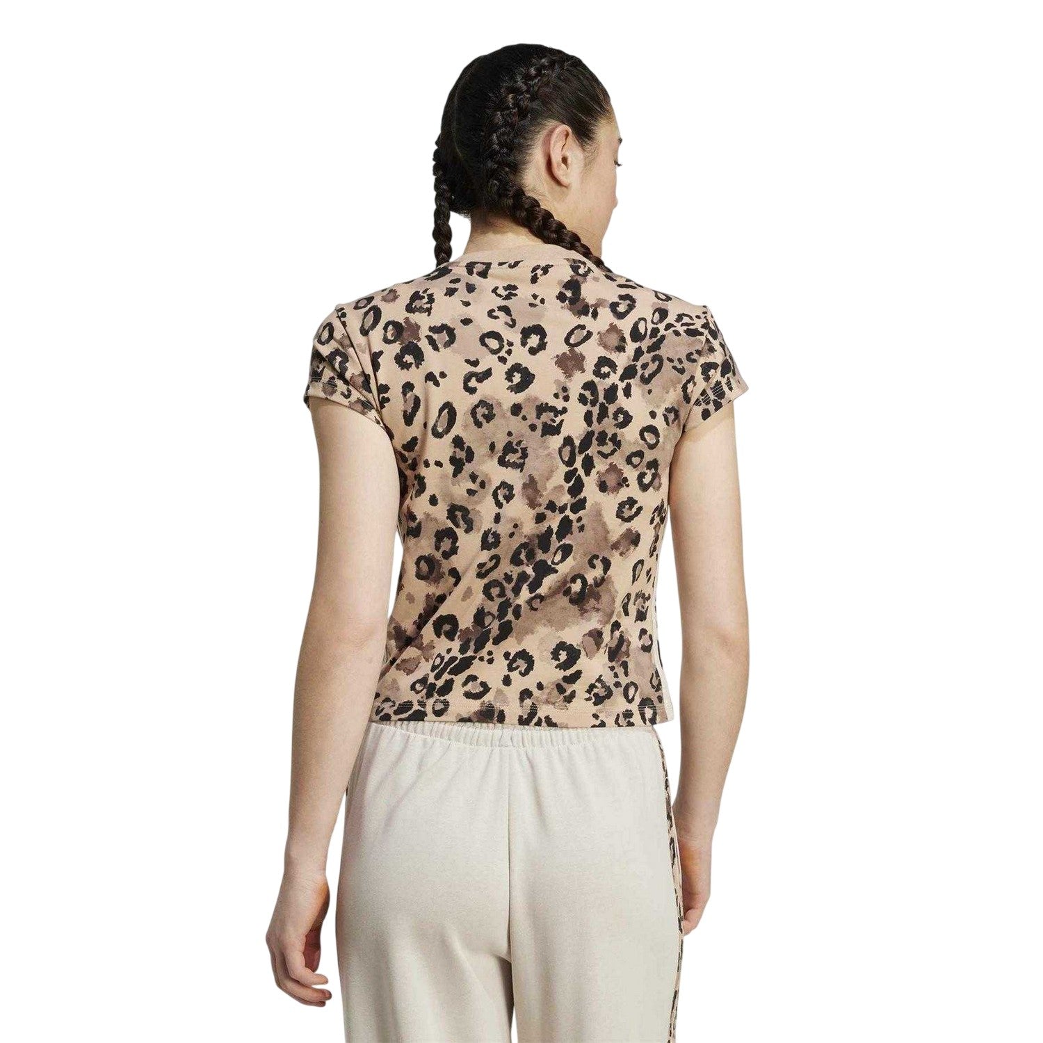 Beige-Black - Back - Adidas Womens-Ladies Leopard Print Jersey Crew Neck T-Shirt