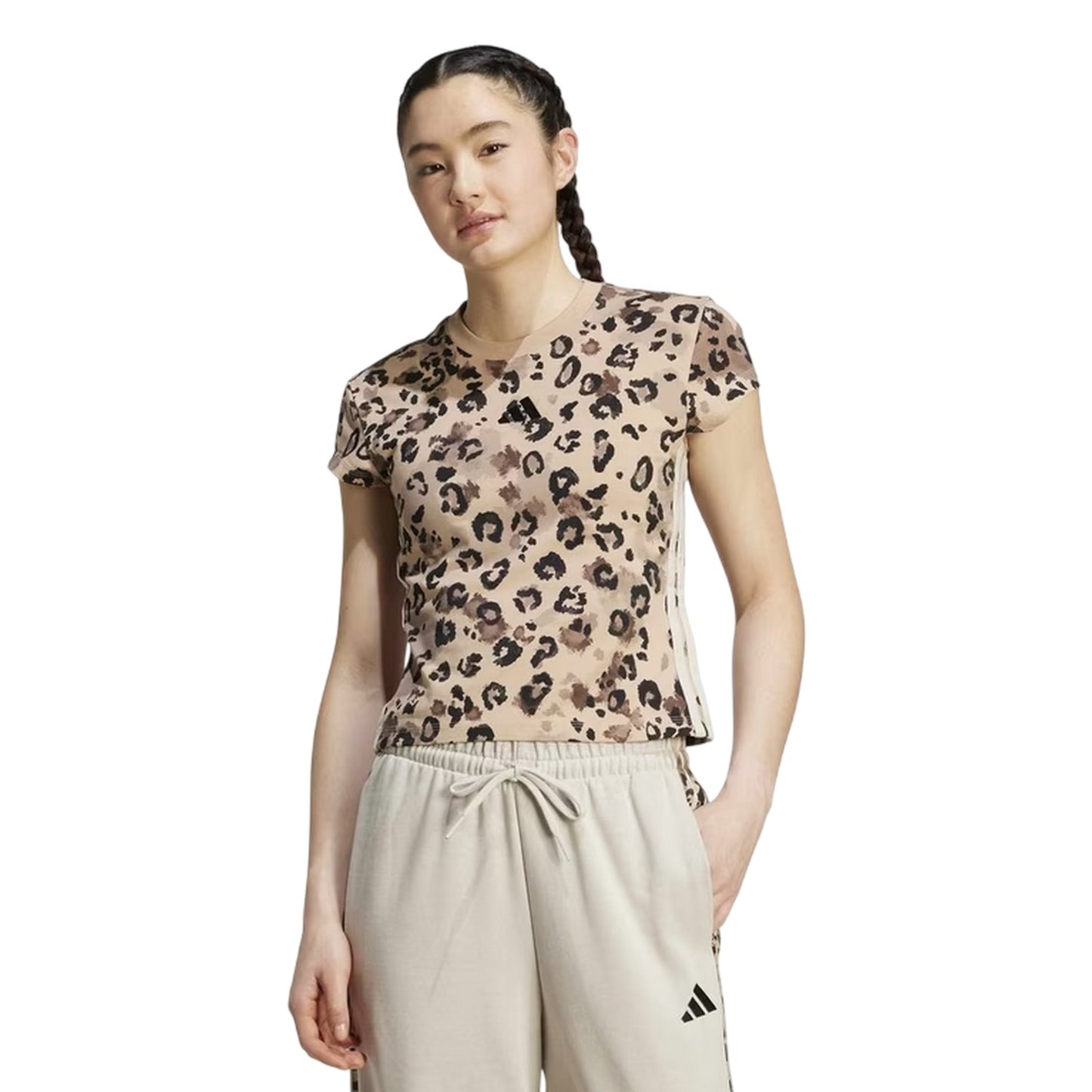 Beige-Black - Lifestyle - Adidas Womens-Ladies Leopard Print Jersey Crew Neck T-Shirt