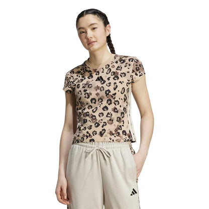 Beige-Black - Lifestyle - Adidas Womens-Ladies Leopard Print Jersey Crew Neck T-Shirt
