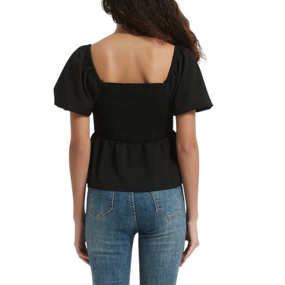 Black - Back - Be You Womens-Ladies Plain Square Neck Puff Sleeve Blouse