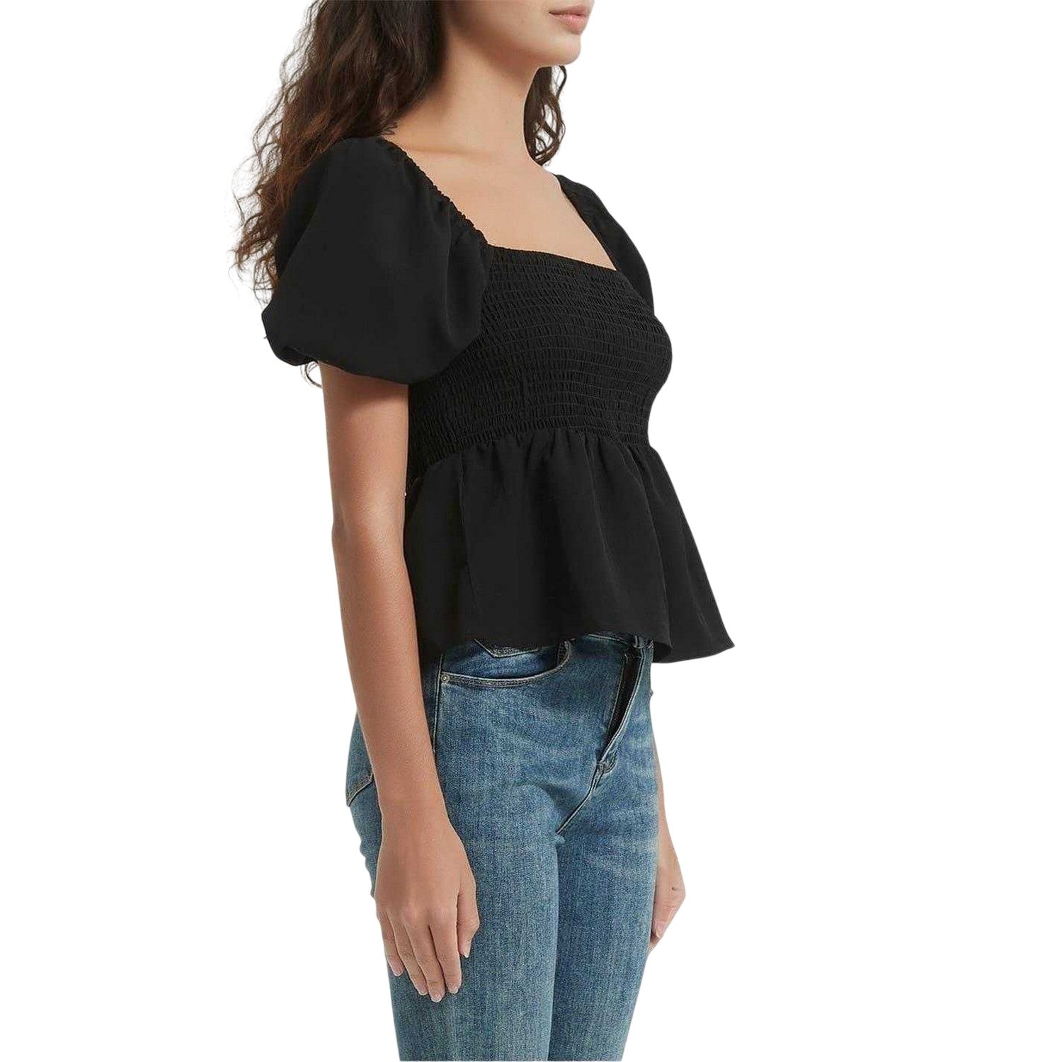 Black - Side - Be You Womens-Ladies Plain Square Neck Puff Sleeve Blouse
