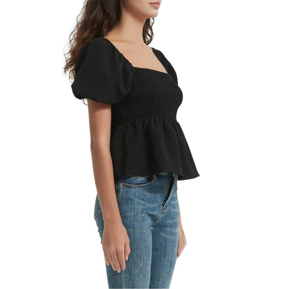 Black - Side - Be You Womens-Ladies Plain Square Neck Puff Sleeve Blouse