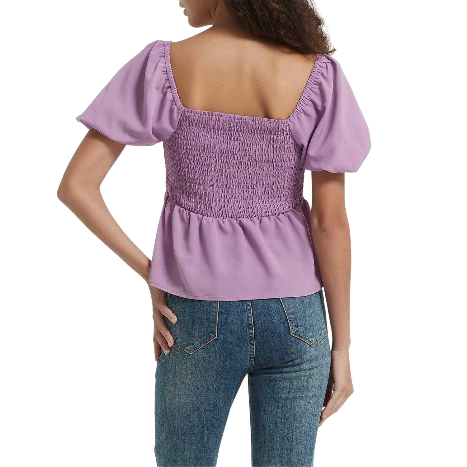 Lilac - Back - Be You Womens-Ladies Plain Square Neck Puff Sleeve Blouse