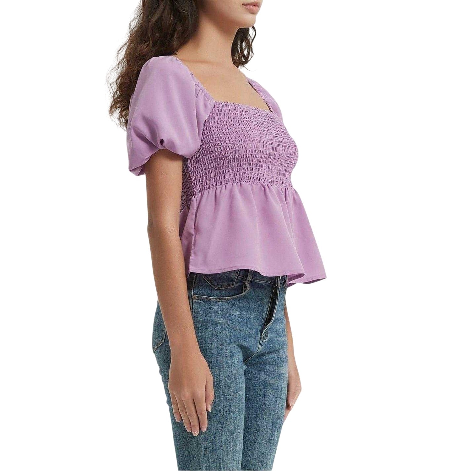 Lilac - Side - Be You Womens-Ladies Plain Square Neck Puff Sleeve Blouse