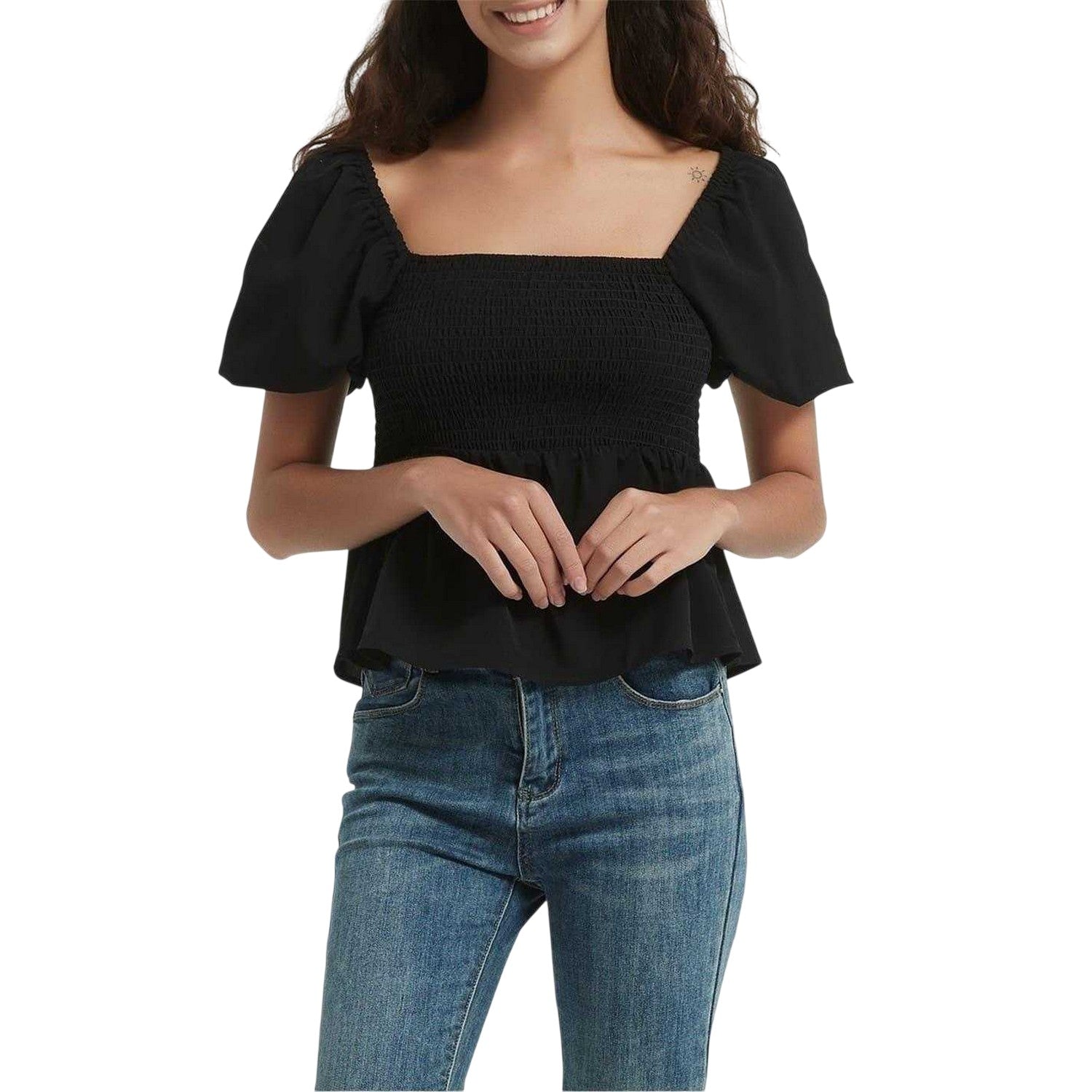 Black - Front - Be You Womens-Ladies Plain Square Neck Puff Sleeve Blouse
