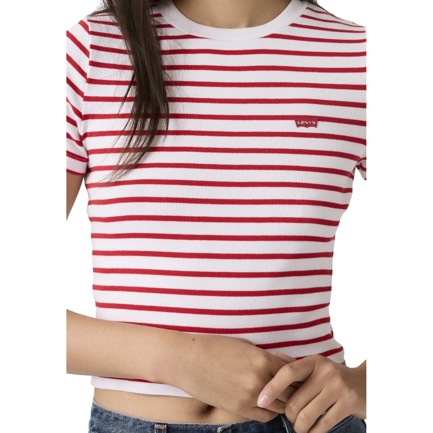 White-Red - Side - Levis Womens-Ladies Essential Striped Cotton Crop Top