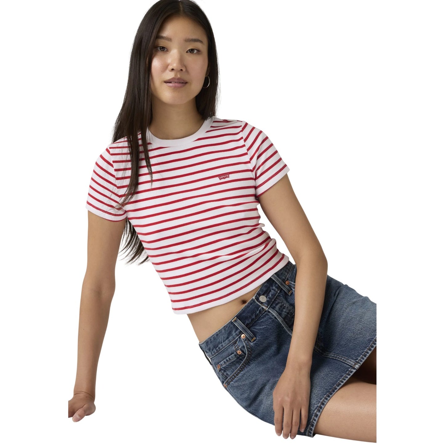 White-Red - Lifestyle - Levis Womens-Ladies Essential Striped Cotton Crop Top