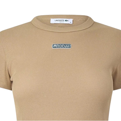 Beige - Side - Lacoste Womens-Ladies Ribbed Fleece Crew Neck T-Shirt