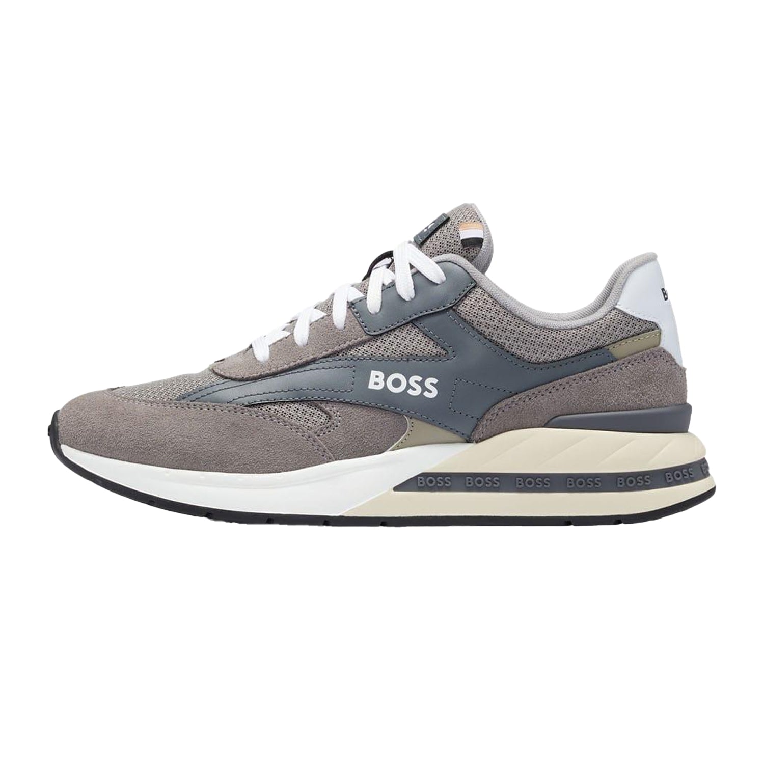 Grey - Back - Boss Mens Kurt Leather Running Trainers