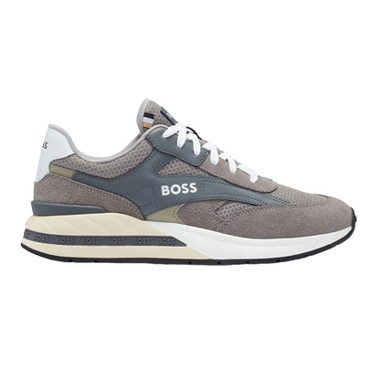 Grey - Side - Boss Mens Kurt Leather Running Trainers
