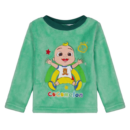 Green-Red - Back - Cocomelon Childrens-Kids Fleece Long Pyjama Set