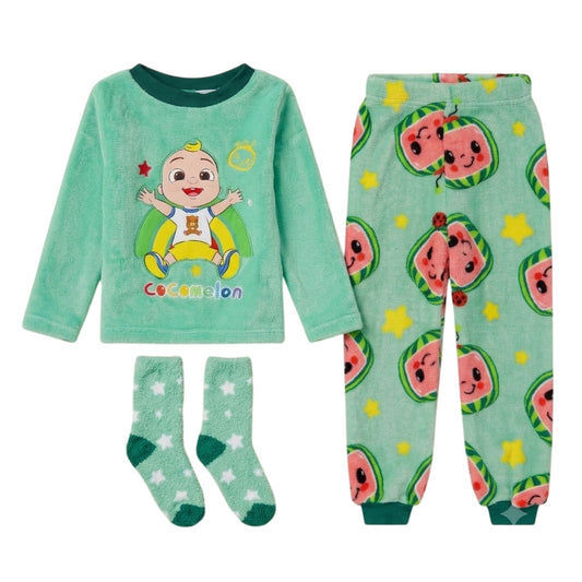 Green-Red - Front - Cocomelon Childrens-Kids Fleece Long Pyjama Set