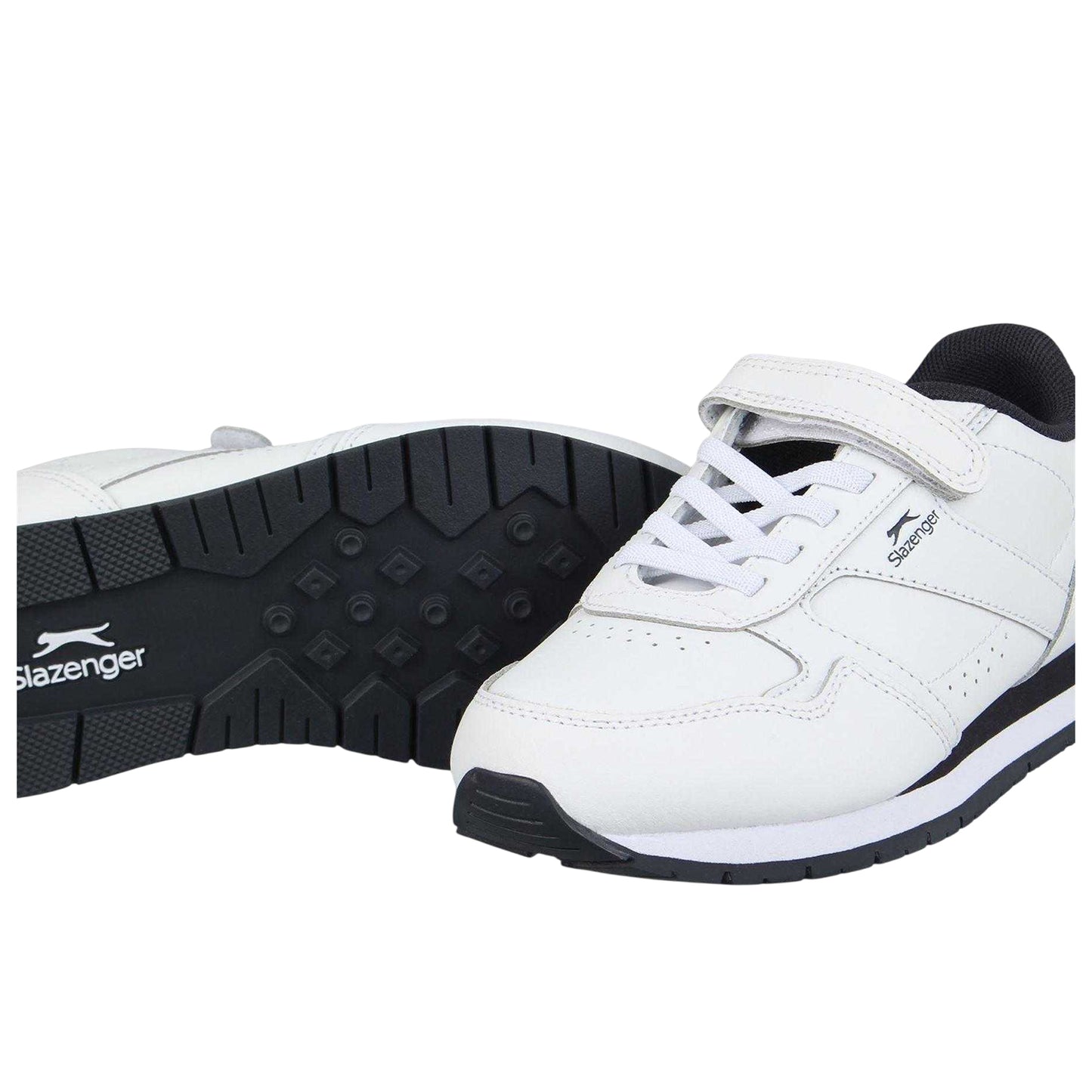White-Navy - Side - Slazenger Childrens-Kids Classic Coated Leather Touch Fastening Trainers