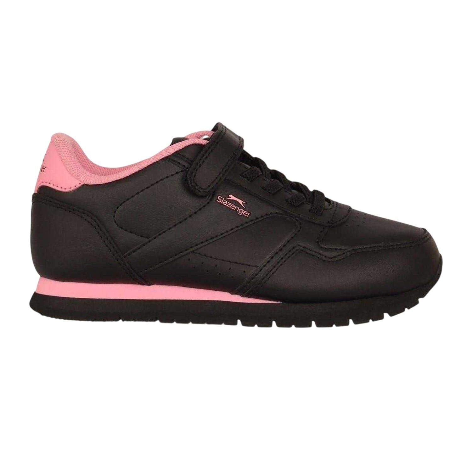 Black-Pink - Front - Slazenger Childrens-Kids Classic Coated Leather Touch Fastening Trainers