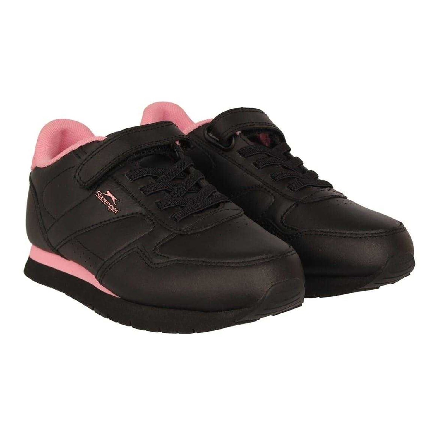 Black-Pink - Pack Shot - Slazenger Childrens-Kids Classic Coated Leather Touch Fastening Trainers