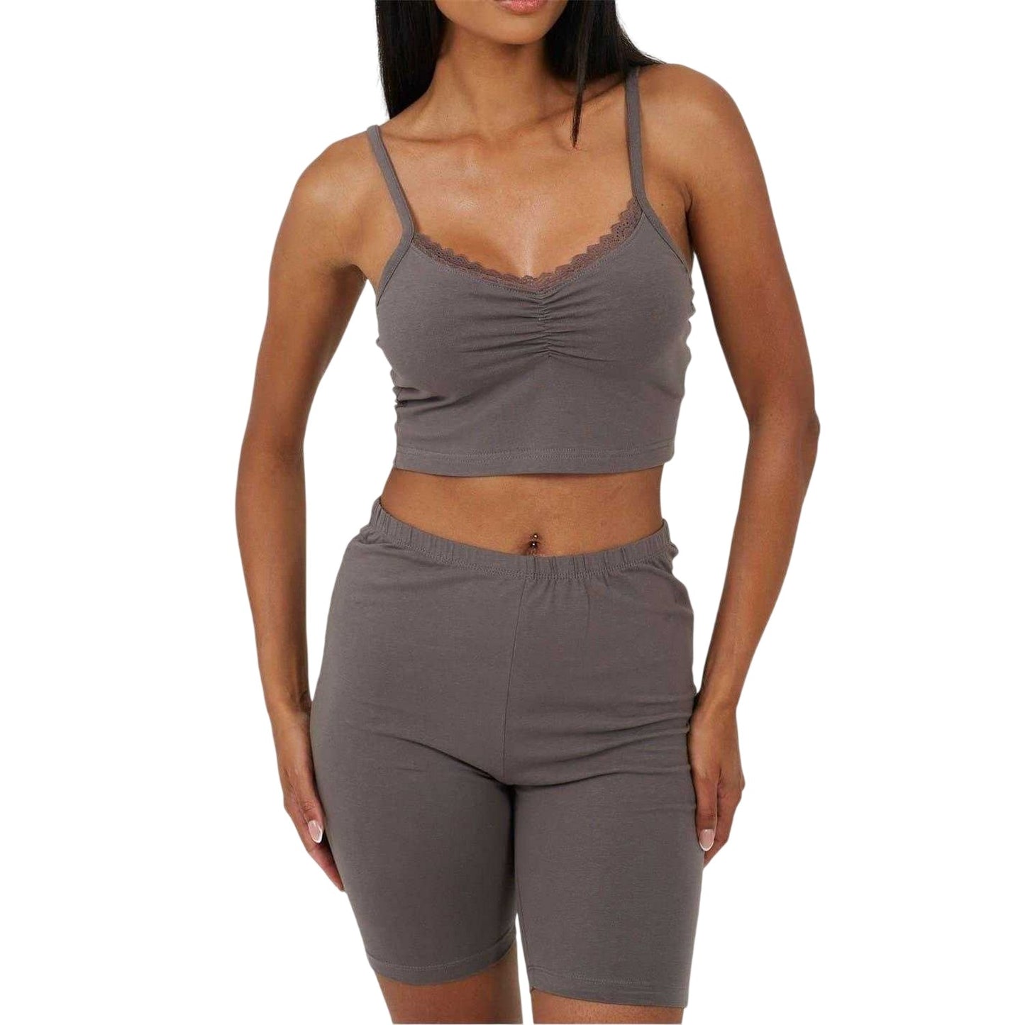 Grey - Front - Brave Soul Womens-Ladies Strappy High Waist Loungewear Set