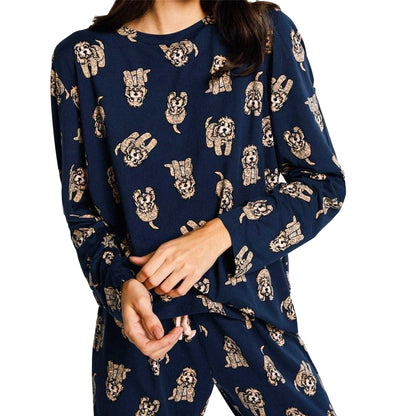 Navy - Side - Chelsea Peers Womens-Ladies Puppy Pyjama Set