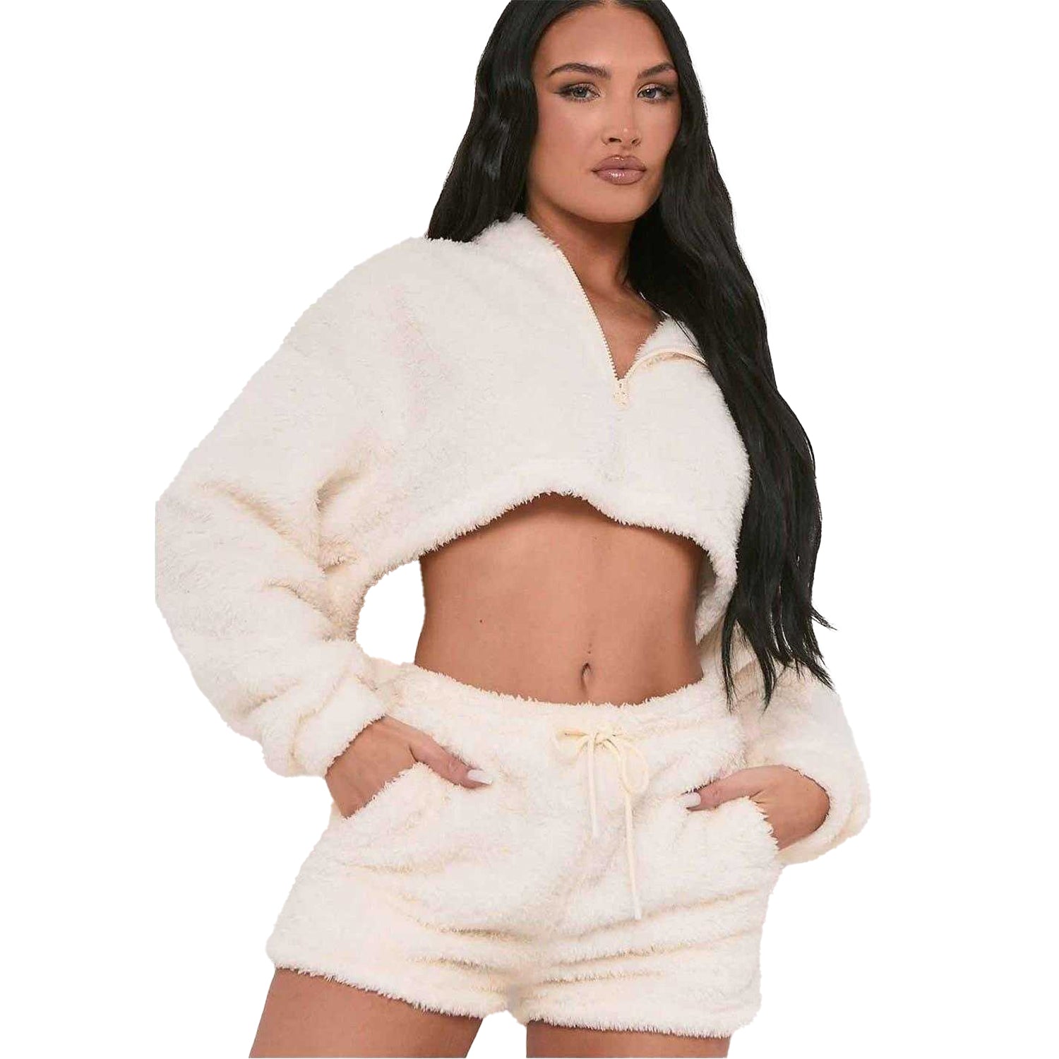 Cream - Front - Missy Empire Womens-Ladies Teddy Fleece Shorts