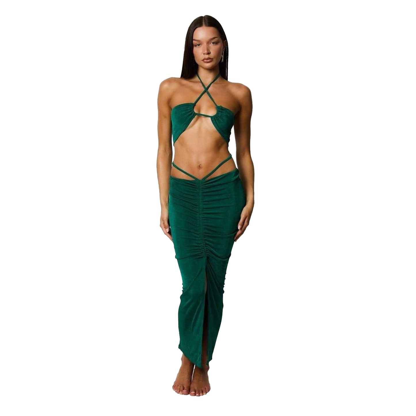 Green - Side - Honeyz Womens-Ladies Halter Neck Bodycon Midi Dress Set