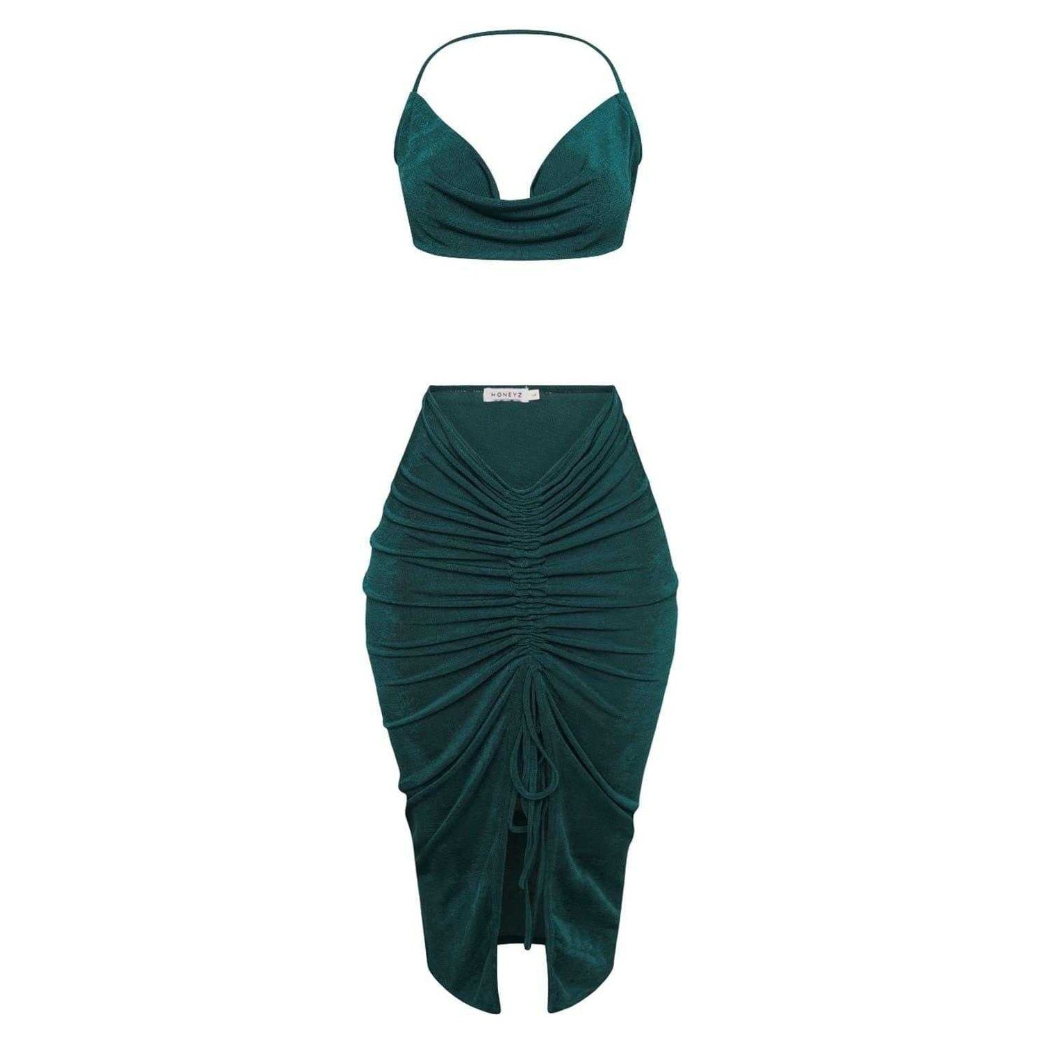 Green - Front - Honeyz Womens-Ladies Halter Neck Bodycon Midi Dress Set