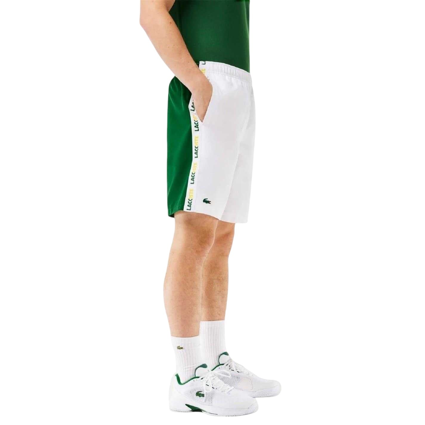 White-Green - Side - Lacoste Mens Stripe Tennis Shorts