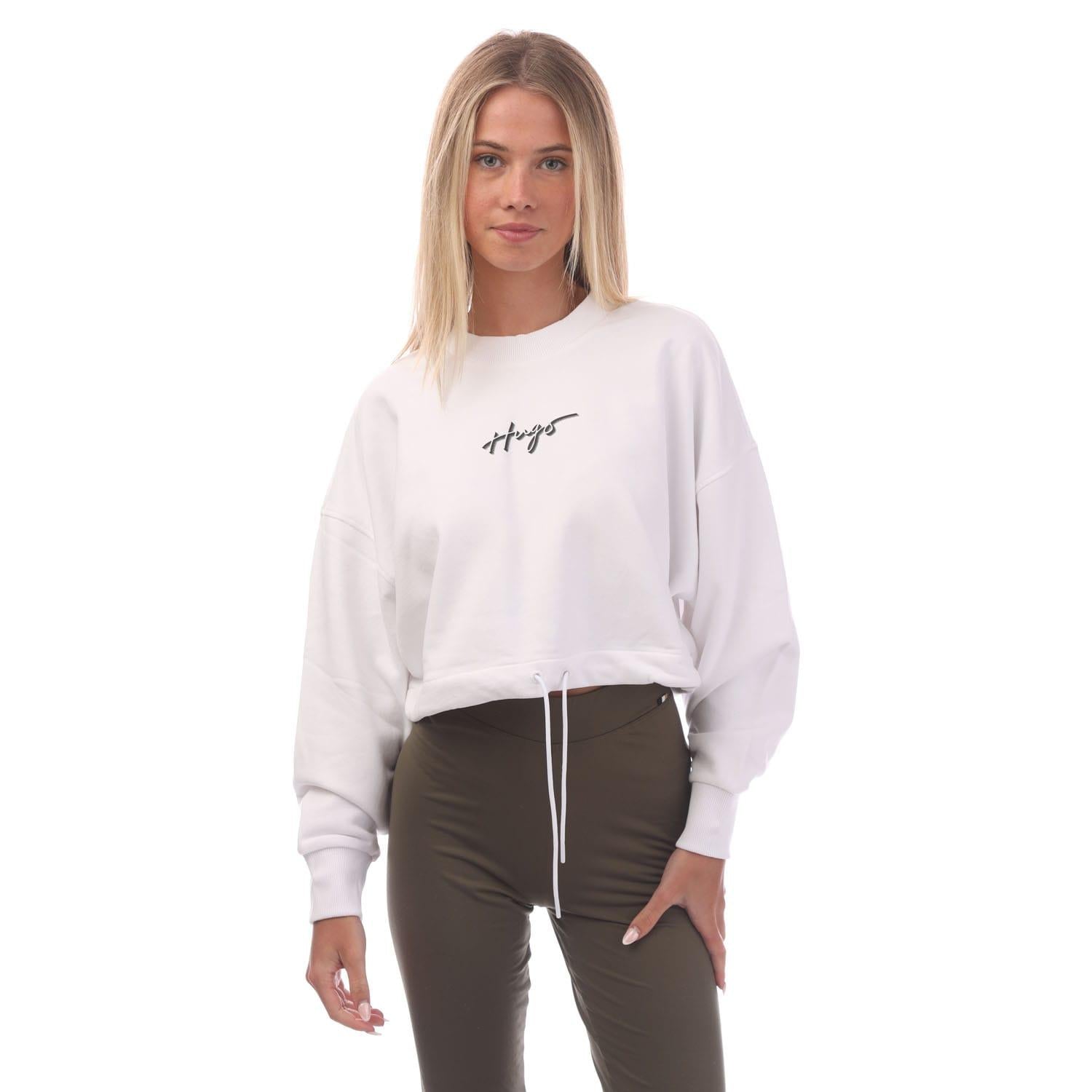 White - Front - Hugo Womens-Ladies Delive Cropped Sweatshirt