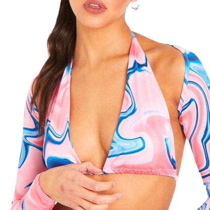 Pink - Back - Missy Empire Womens-Ladies Long-Sleeved Bikini Top