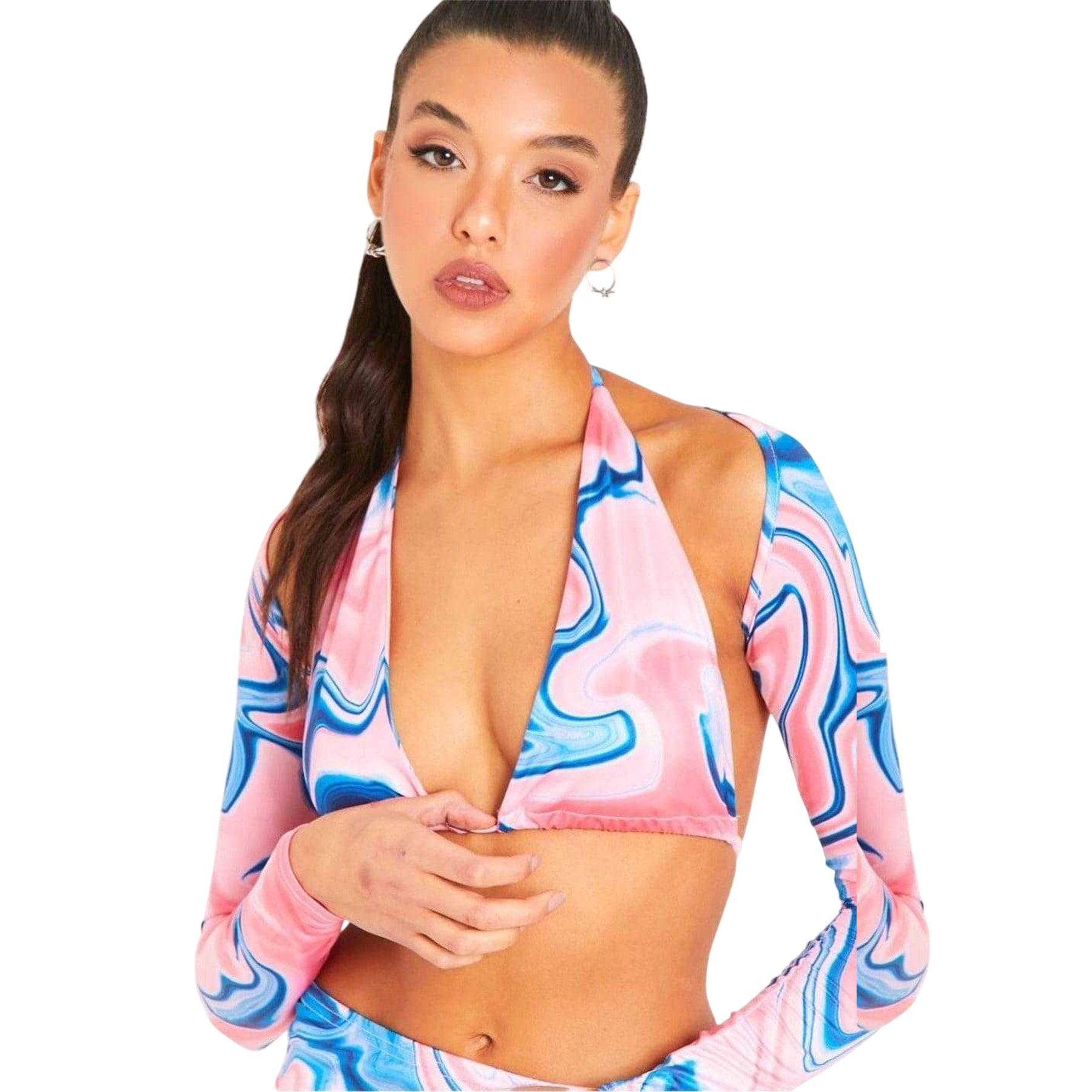 Pink - Front - Missy Empire Womens-Ladies Long-Sleeved Bikini Top