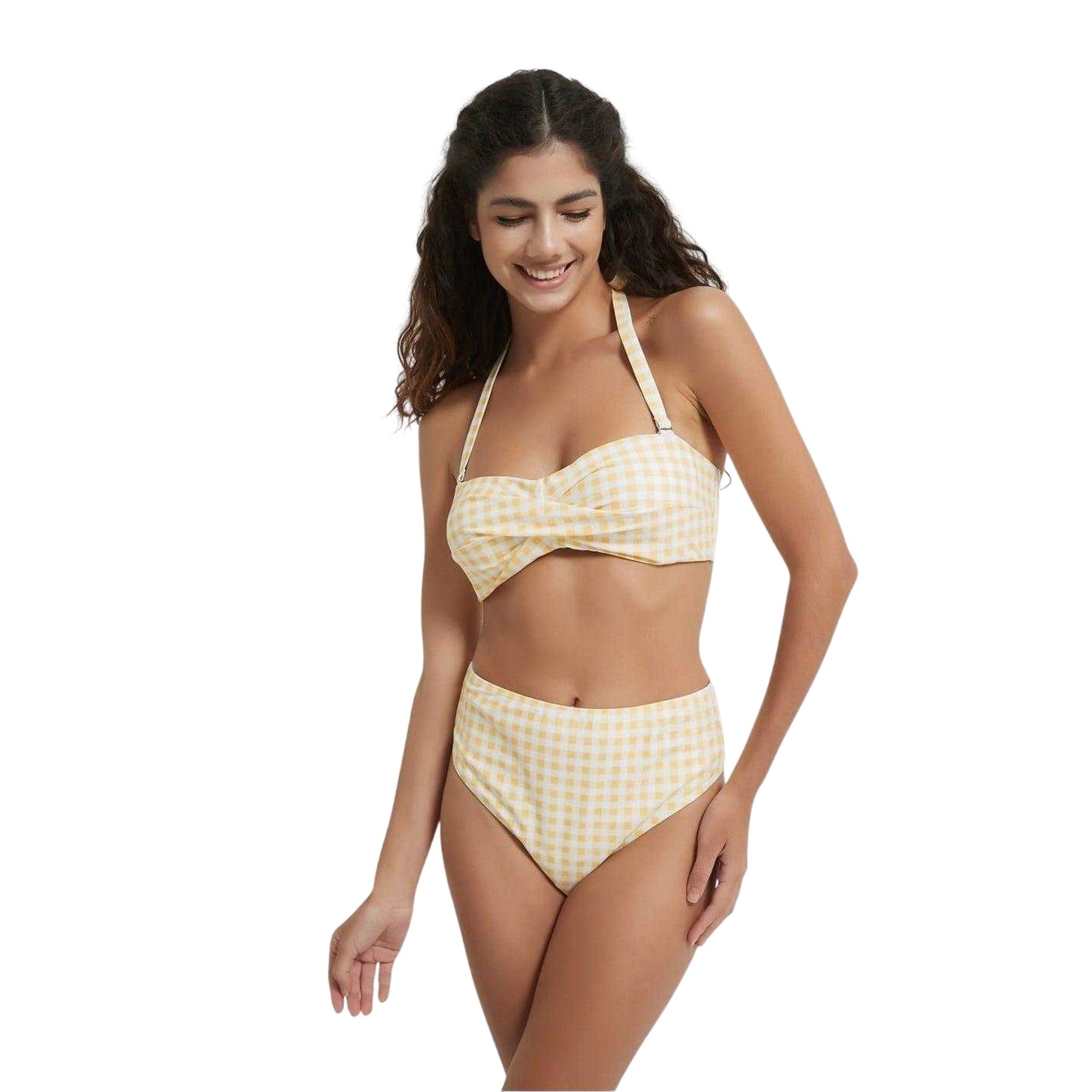 Coffee Brown-White-Black - Lifestyle - Be You Womens-Ladies Gingham Snug Fit Bikini Top