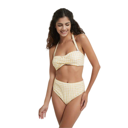 Coffee Brown-White-Black - Lifestyle - Be You Womens-Ladies Gingham Snug Fit Bikini Top