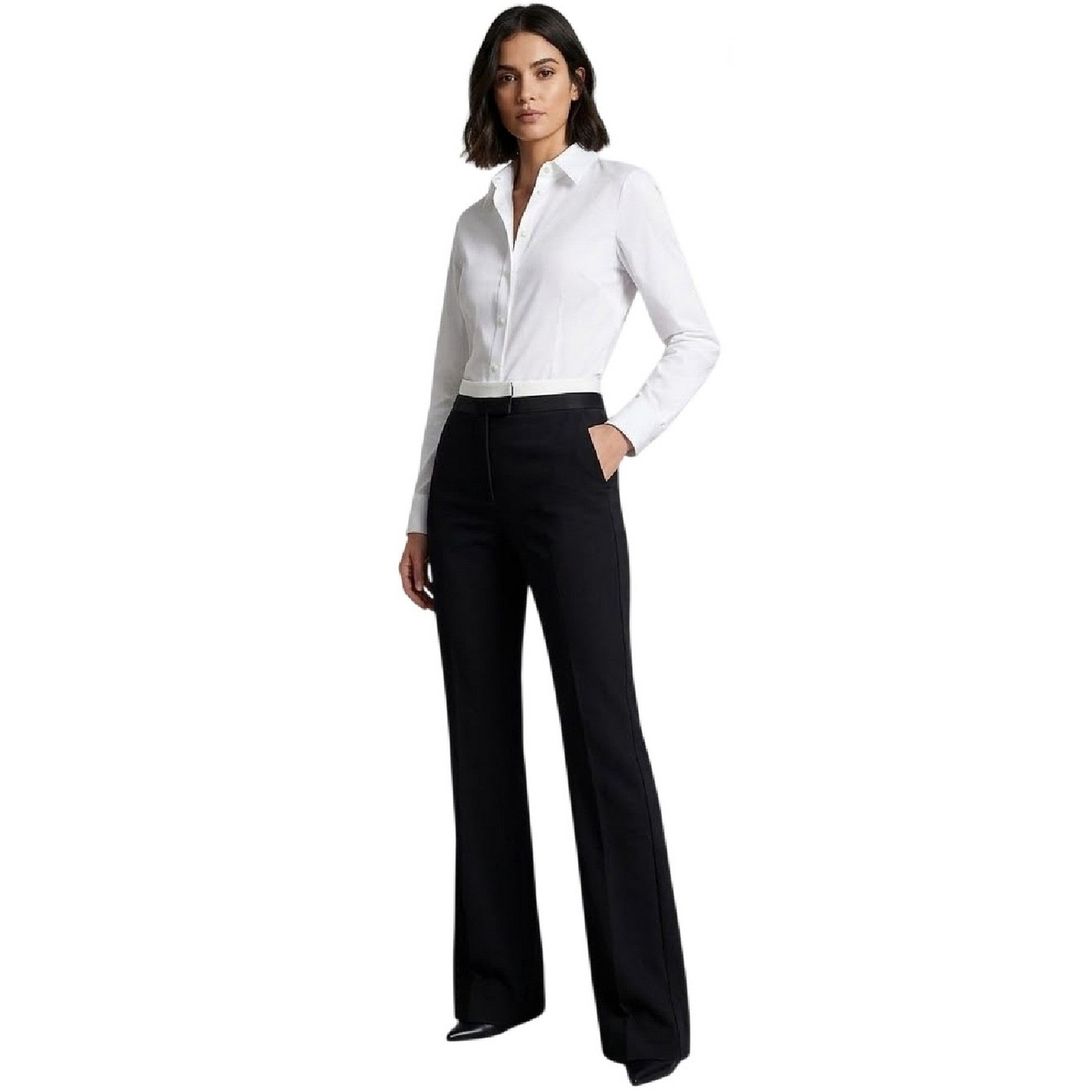 Black - Side - Off White Womens-Ladies Flared Regular Tuxedo Trousers