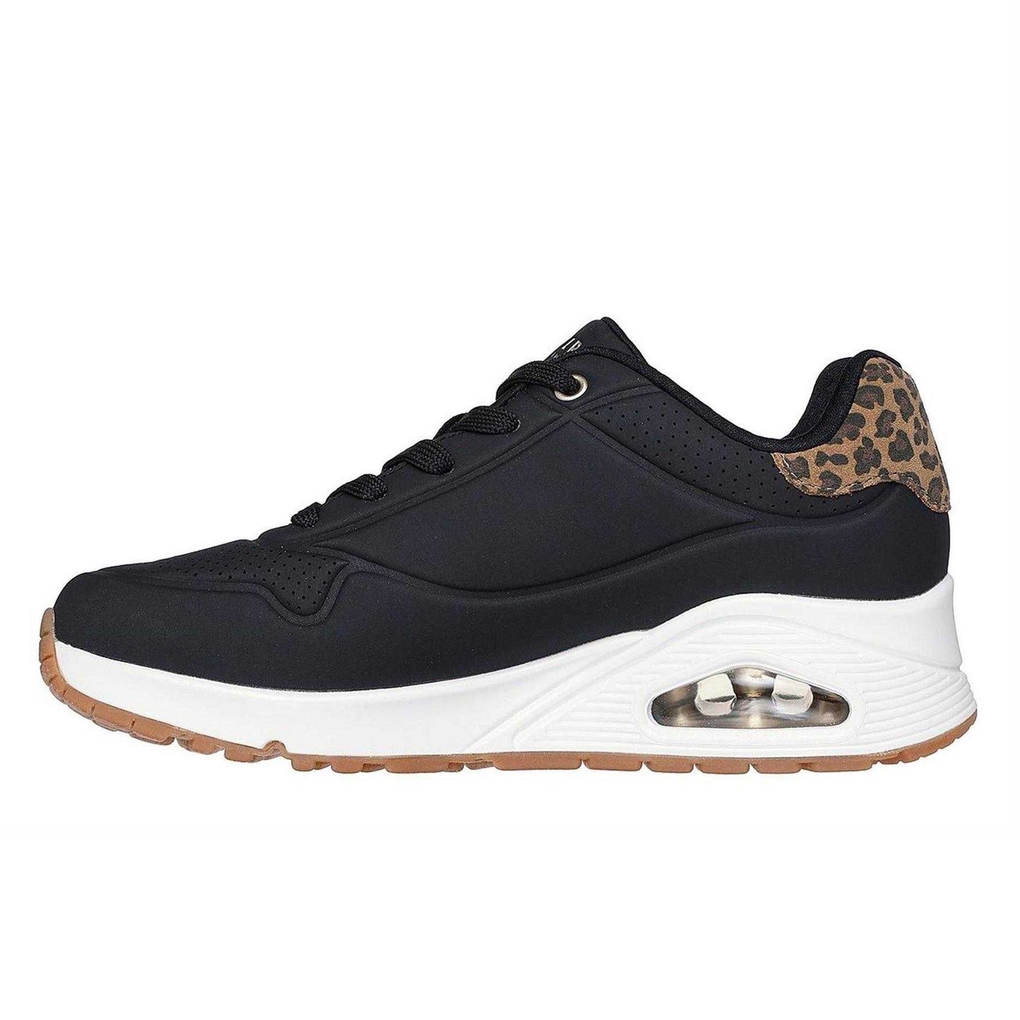 Black-Leopard - Back - Skechers Womens-Ladies Uno Stand On Air Hidden Wedge Trainers