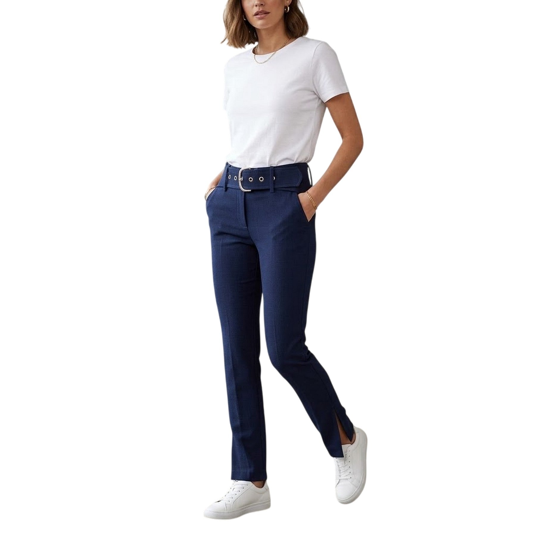 Cobalt Blue - Side - Off White Womens-Ladies Regular Trousers