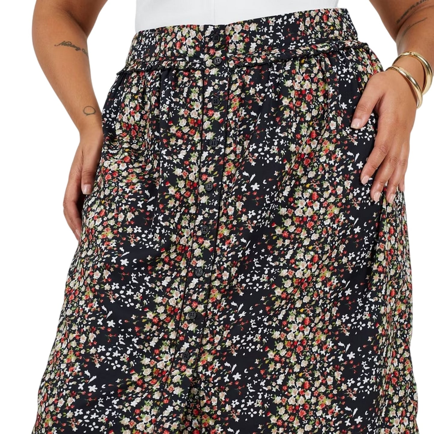 Black - Side - Brave Soul Womens-Ladies Floral High Waist Midi Skirt