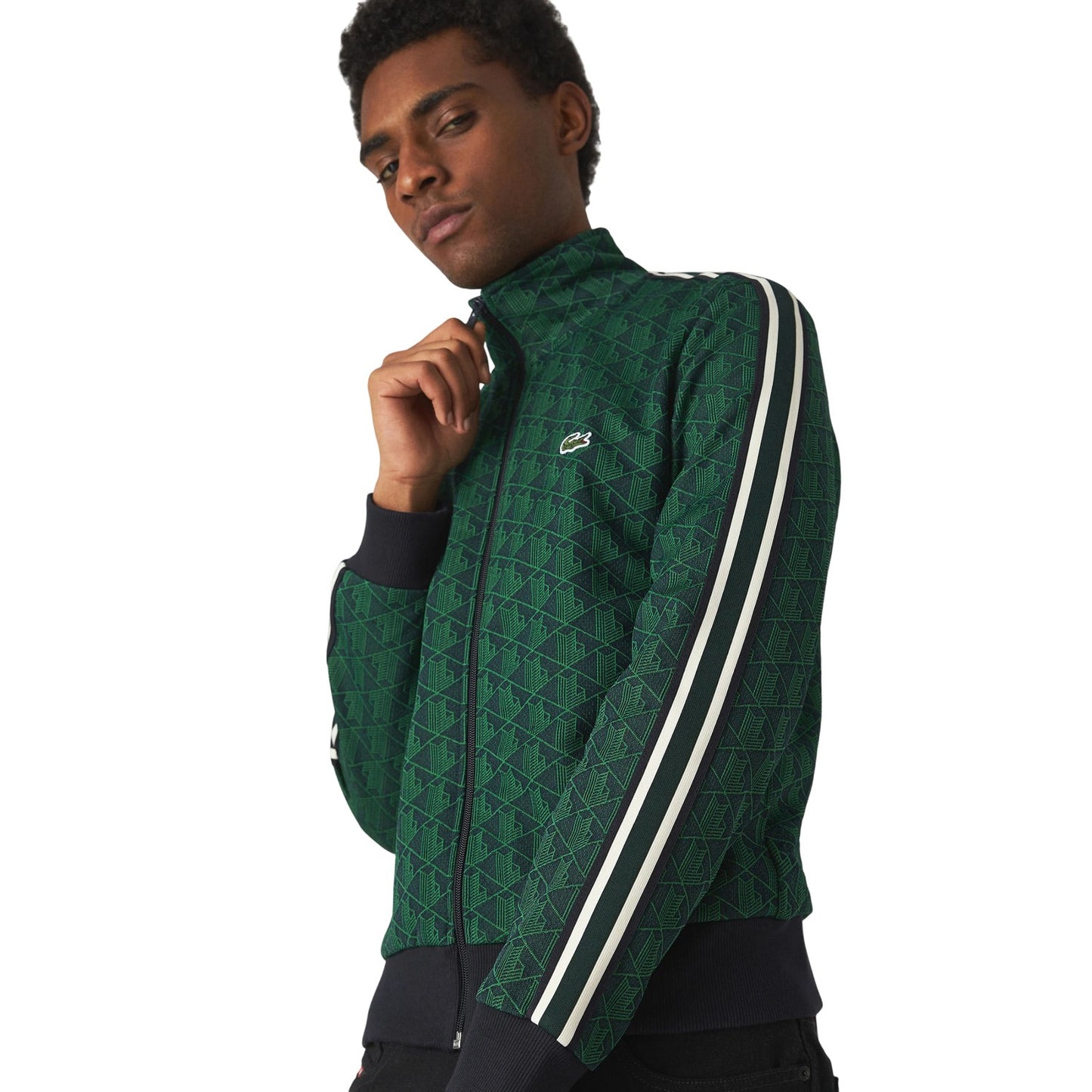 Blue-Green - Side - Lacoste Mens Paris All-Over Print Full Zip Tracksuit Top
