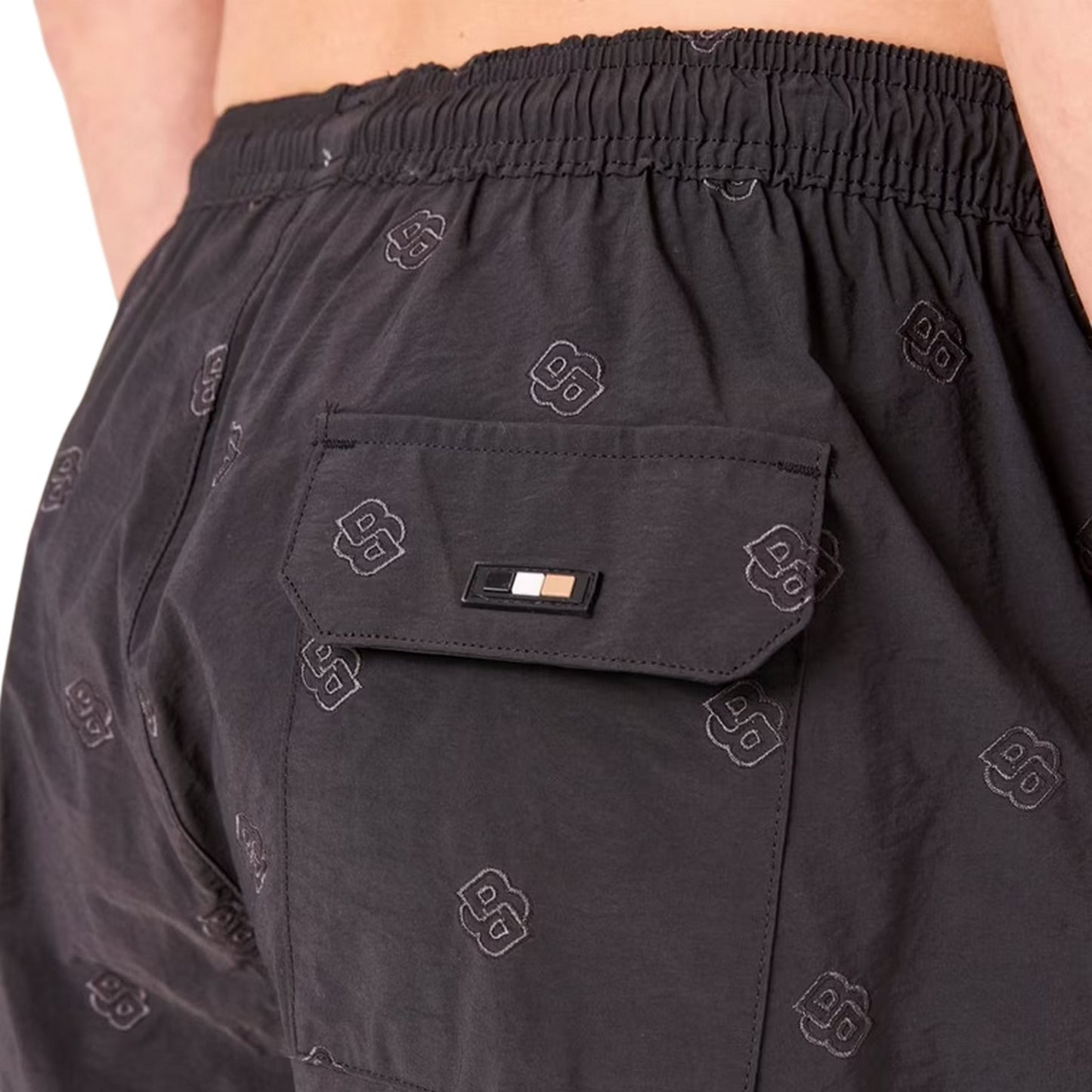 Black - Side - Boss Mens All Over Logo Regular Swim Shorts