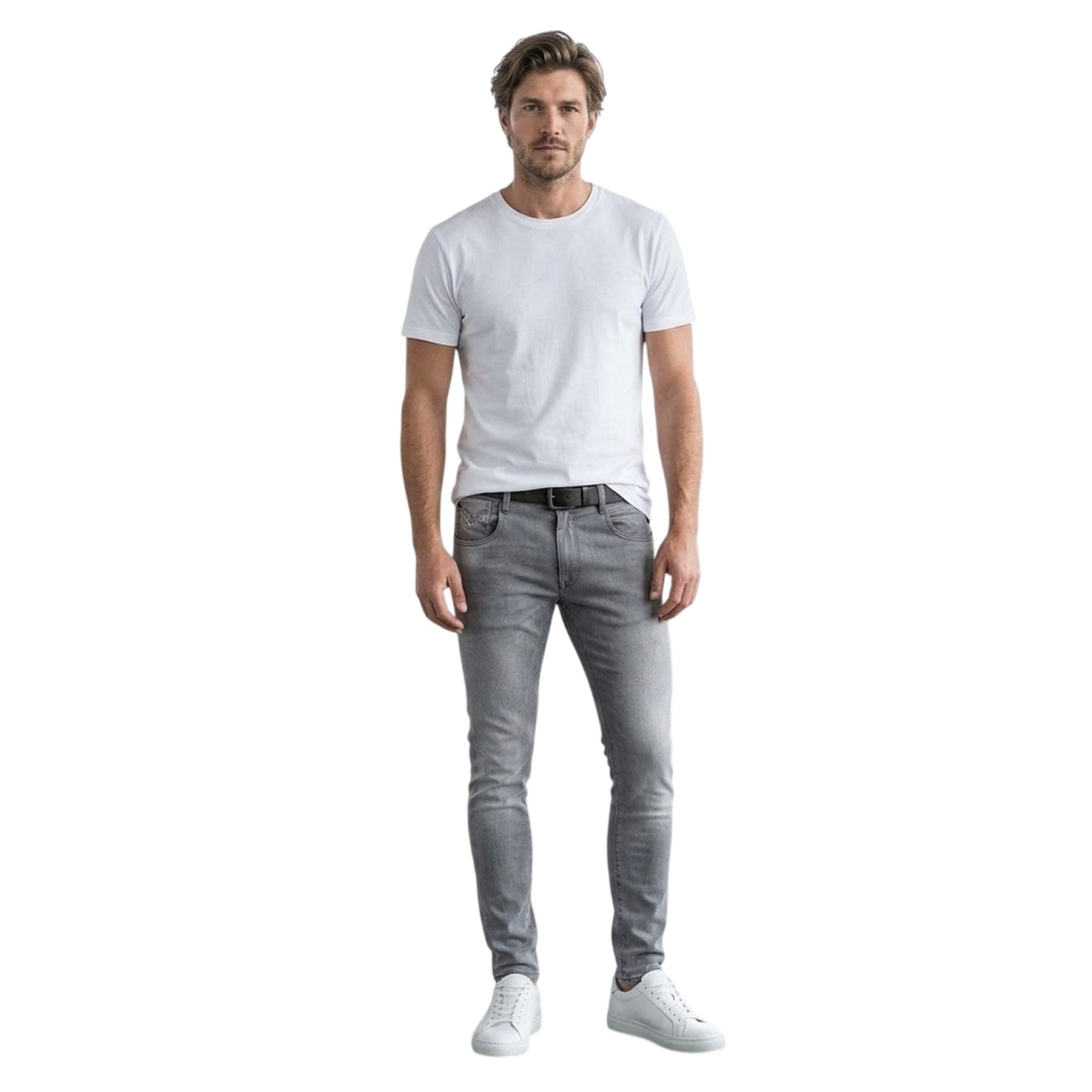 Grey - Side - Replay Mens Bronny Cotton Faded Slim Jeans