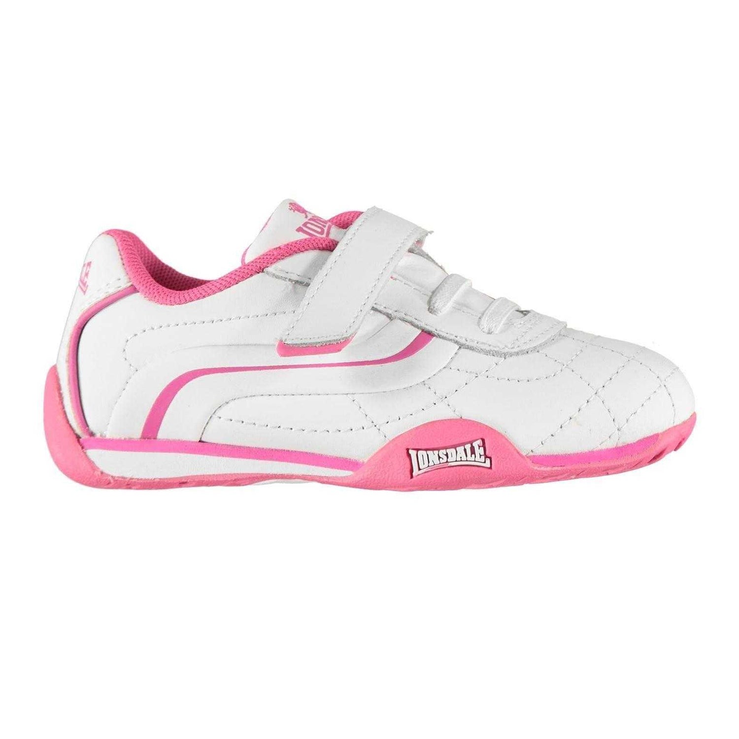 White-Cerise - Front - Lonsdale Childrens-Kids Camden Leather Hook and Loop Trainers
