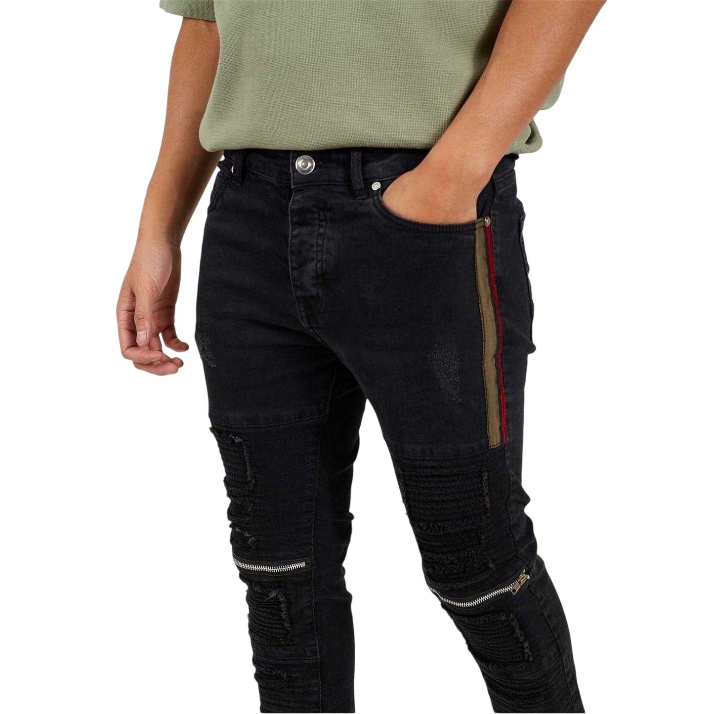 Black - Side - Brave Soul Mens Biker Stitched Skinny Jeans