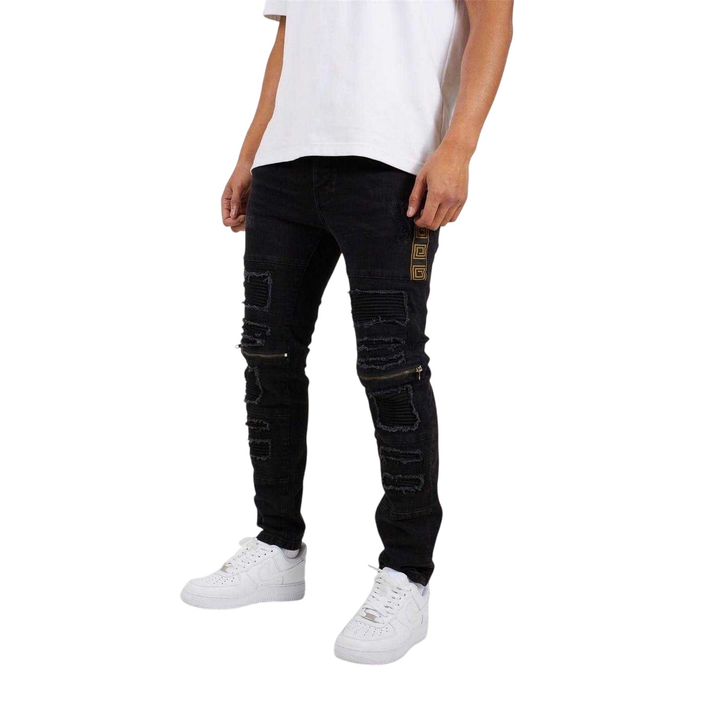 Charcoal Wash - Front - Brave Soul Mens Biker Stitched Skinny Jeans